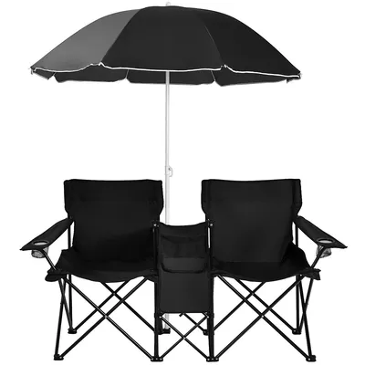 Portable Folding Picnic Double Chair W/umbrella Table Cooler Beach Camping