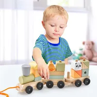 Kids Wooden Train Set Toddler 3-section Toy Train With Stackable Building Blocks