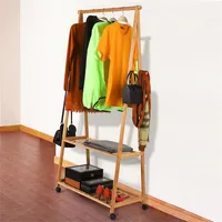 Bamboo Clothing Rack With 4 Hooks, Rolling Garment Coat Shoe Rack With 2-tier Storage Shelves