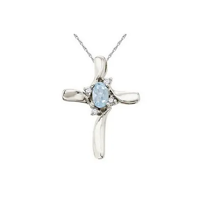 Aquamarine And Diamond Cross Necklace Pendant 14k White Gold (0.50ct)