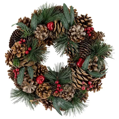 Green Mixed Foliage And Apple Artificial Christmas Wreath, 13.75-inch, Unlit