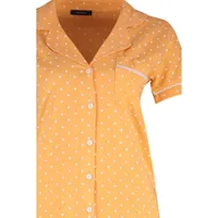 Women Polka Dot Connecting Rod Detailed Medium Knitted Shirt-trousers Pajama Set