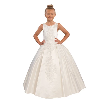 Satin Simone Girls Formal Dress With Floral Applique And Rhinestone Trim