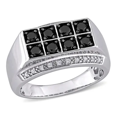Men's 1 Ct Tw Black And White Diamond Double Row Ring Two-tone Sterling Silver