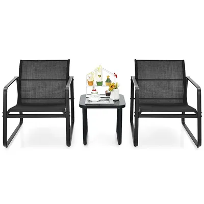 3pcs Patio Bistro Furniture Set Glass Top Table Garden Deck Black