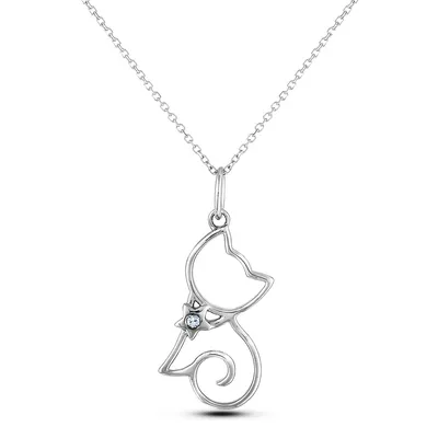 925 Sterling Silver 0.02 Ct Canadian Diamond Cat Pendant & Chain