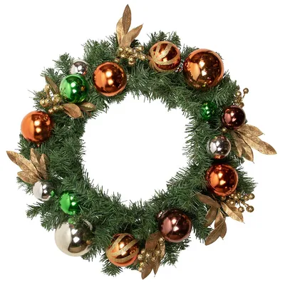 Green Foliage With Ornaments Artificial Christmas Wreath, 24-inch, Unlit