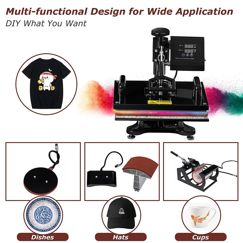 5 In 1 Heat Press Machine Digital Transfer Sublimation T-Shirt Mug Hat DIY