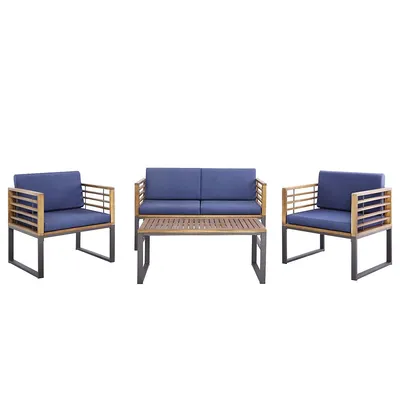 4pcs Patio Acacia Wood Chair Table Loveseat Cushioned Furniture Set Outdoor Navy