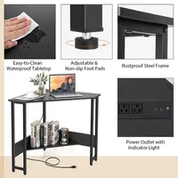Triangle Computer Desk Corner Home Office W/power Outlets Usb Ports Blackrustic