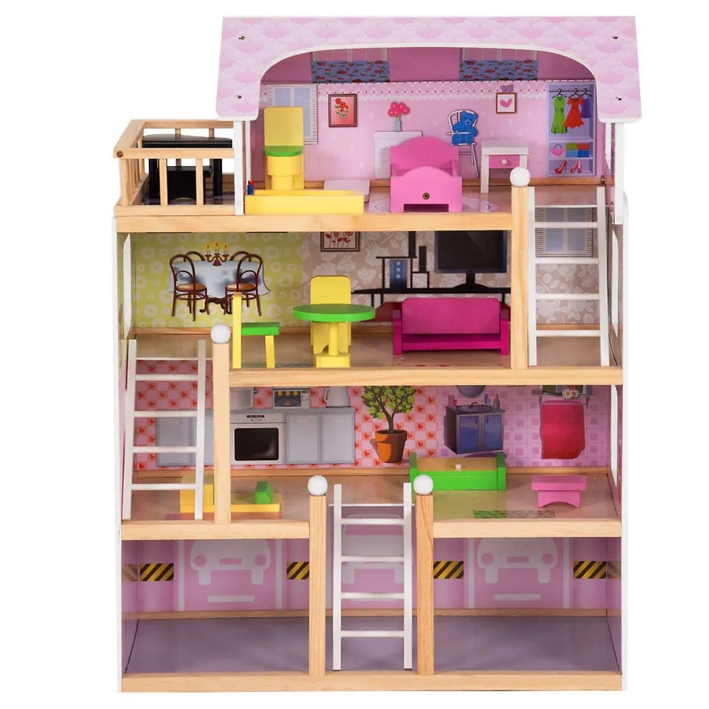 Costway Kids Wood House Playset Doll Cottage Dollhouse W