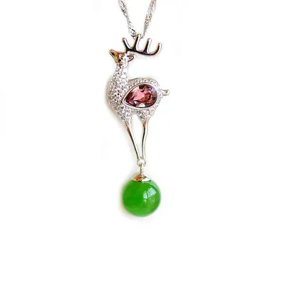 Natural Jade Bead And Cyrstal Deer Pendant With 18k Gold Plated Sterling Silver 925 Necklace