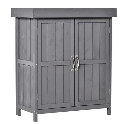 Wood Garden Tool Storage Shed With Hinged Roof, Dark Grey