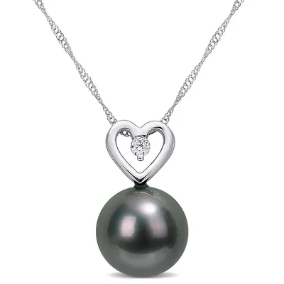 Tahitian Cultured Pearl And Diamond Accent Heart Drop Pendant With Chain In 10k White Gold