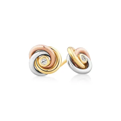 Diamond Accent Tri Tone Knot Stud Earrings In 10kt Yellow, Rose And White Gold
