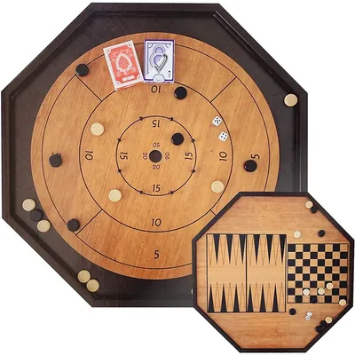 Deluxe Tournament Size Wooden 4 In 1 Crokinole, Checkers/chess, Backgammon Board With Playing Cards