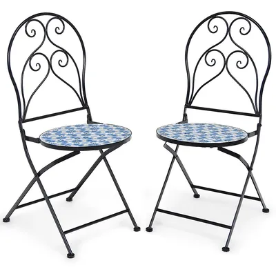 2pcs Patio Folding Mosaic Bistro Chairs Blue Flower Pattern Seat Garden