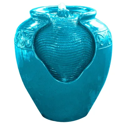 Teamson Home Water Fountain Glazed Pot Floor Standing Led Light Outdoor Feature Teal