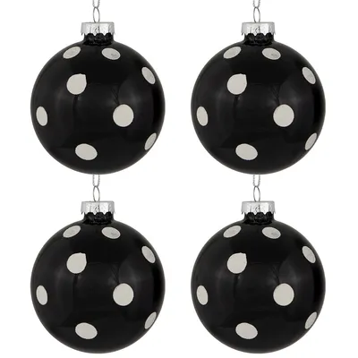 Set Of 4 Black And White Polka Dots Christmas Glass Ball Ornaments 3" (80mm)