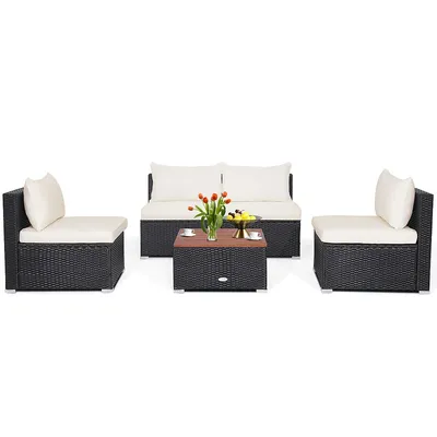 5pcs Patio Rattan Furniture Set Acacia Wood Table Top Sofa Cushion Deck