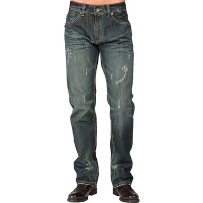 Men's Relaxed Straight Premium Denim Jeans Signature 5 Pocket Faded Vintage Wrinkle Whisker