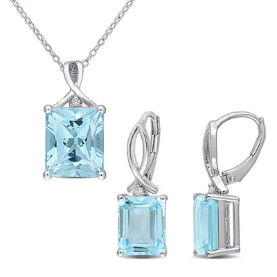 2-piece Set Blue And White Topaz Drop Earrings And Necklace In Sterling Silver