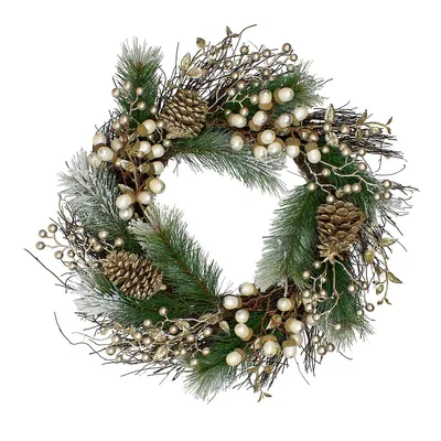 Acorn And Pine Cone Flocked Pine Needle Artificial Christmas Wreath - 22-inch, Unlit