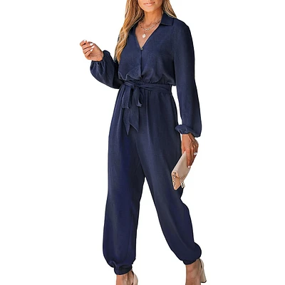 Women's Blue Belted Jogger Jumpsuits