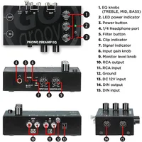 Phono Preamp Eq With 3 Band Equalizer - Preamplifier With Treble, Mid, Bass - Rca Input/output, Din, 12v Dc Adapter, High-end Circuit Design - Compatible With Record Players, Turntables