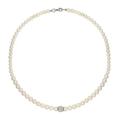 Sterling Silver 20" White Pearl With Crystal Rhondel Bead Necklace
