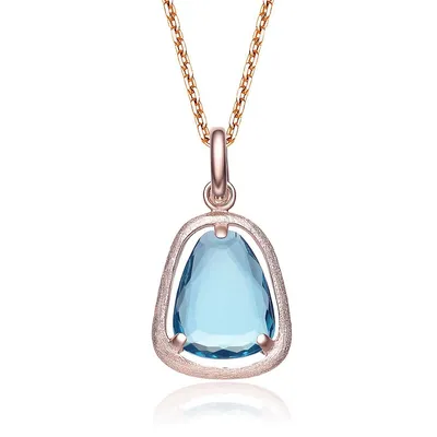 Sterling Silver 18k Rose Gold Plating With Blue Topaz Cubic Zirconia Drop Pendant Necklace