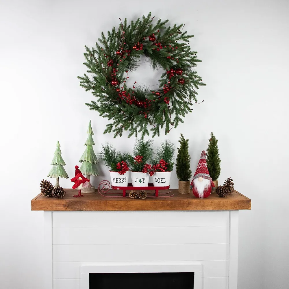 Red Berries And Pine Christmas Wreath With Ornaments, 32-inch, Unlit