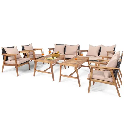 8pcs Outdoor Furniture Set Patio Conversation Set W/ Wood Frame Cushion