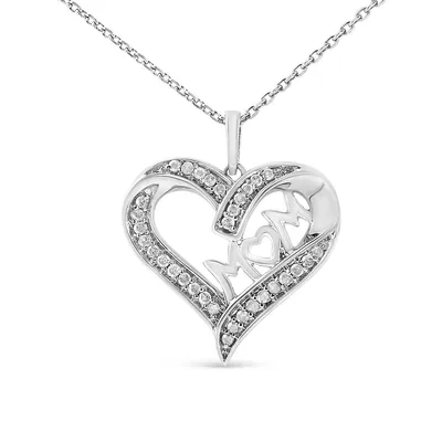 .925 Sterling Silver 1/4 Cttw Diamond Engraved Mom In Heart Pendant Necklace (i-j, I3)