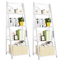 Set Of 2 Ladder Shelf 4-tier Bookshelf Bookcase Storage Display Plant Leaning