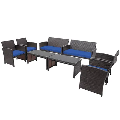 8pcs Patio Rattan Furniture Set Cushioned Chair Sofa Coffee Table
