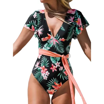Women's V Neck Ruffle One Piece Swimsuit Tropical Floral Bathing Suit