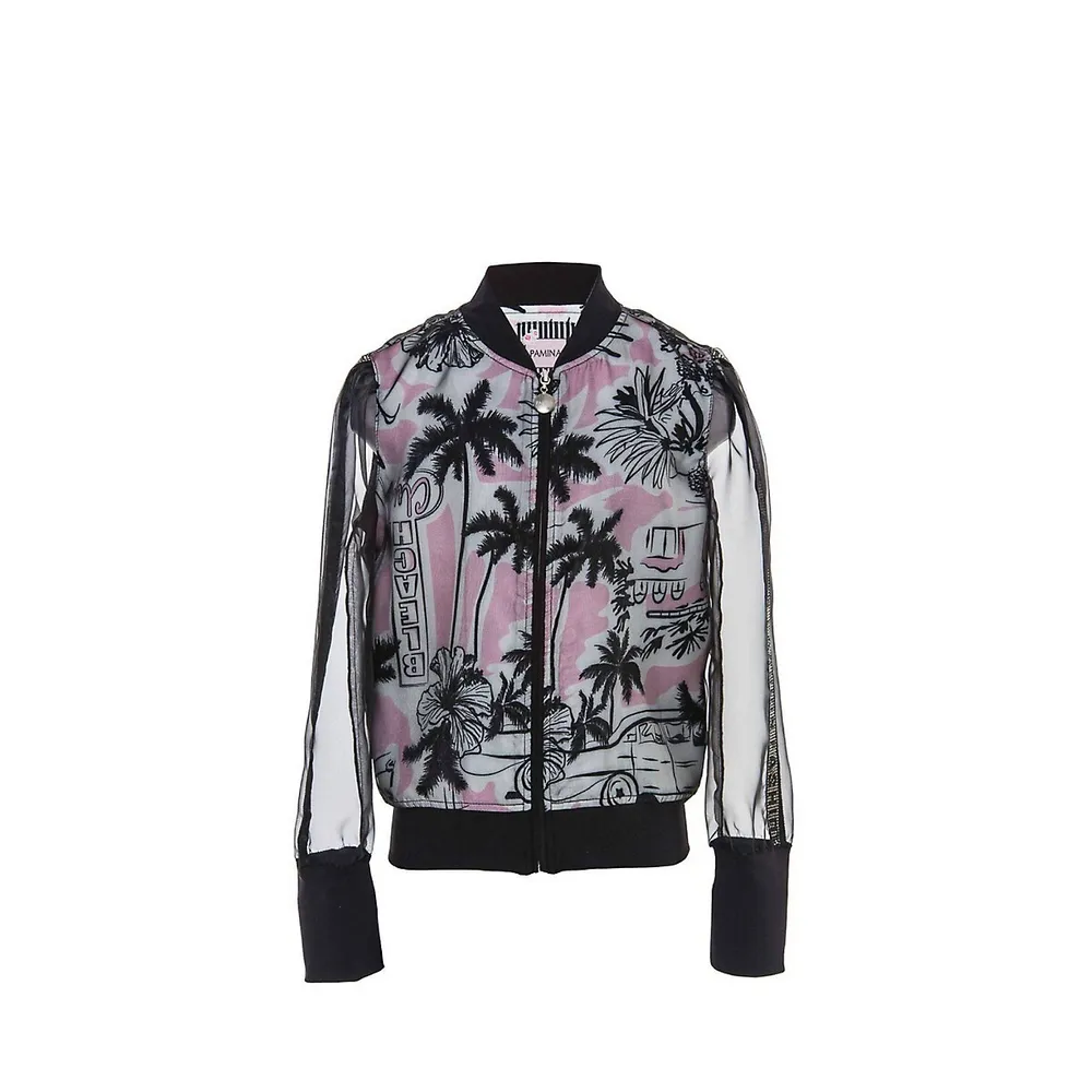 Girl's Palm Themed Set With Printed Organza Fabric Bomber Jacket And Skirt FINAL SALE