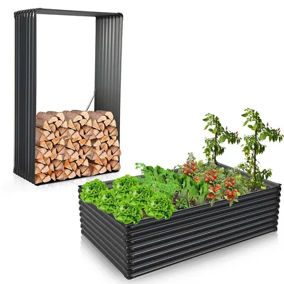 2 Pcs Galvanized Raised Garden Bed Outdoor Planter Box Firewood Rack Log Holder