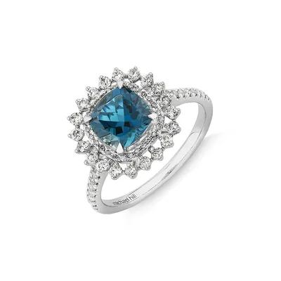 London Blue Topaz Lacy Halo Ring With .50tw Of Diamonds In 10kt White Gold