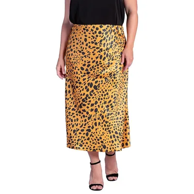Women's Plus Silky Sateen Leopard Print Midi Skirt