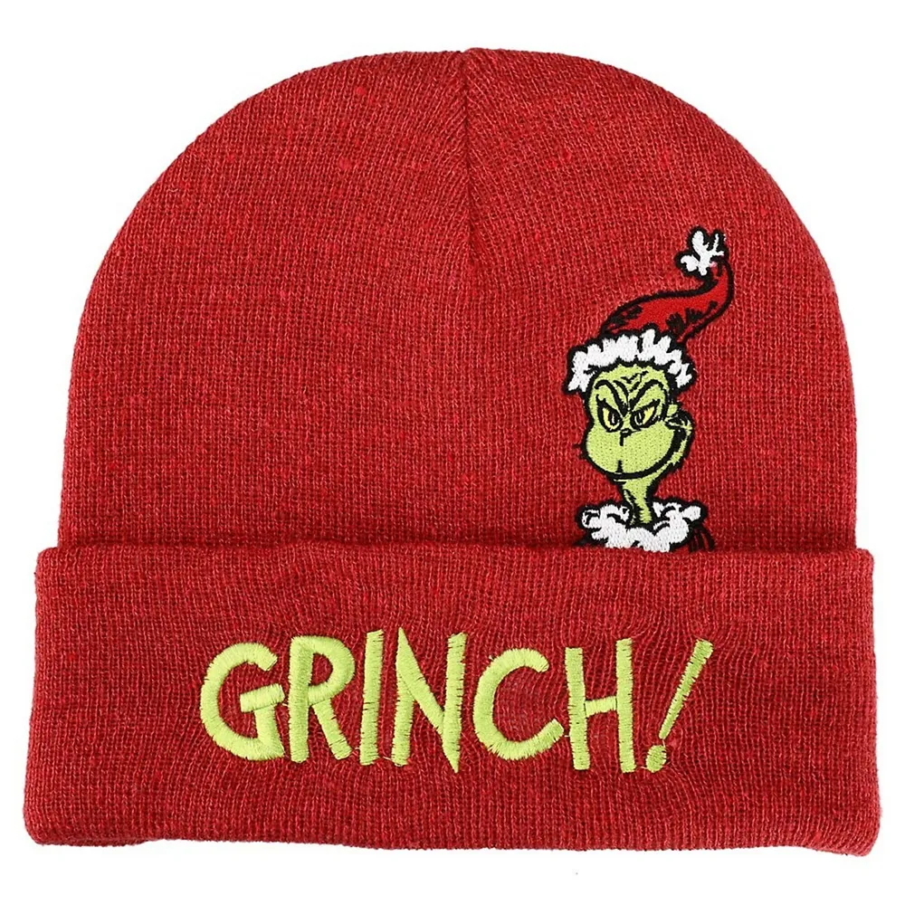Grinch Peek-a-boo Crown Embroidery Marled Red Acrylic Knit Beanie