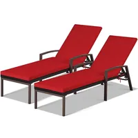 2pcs Patio Rattan Lounge Chair Chaise Recliner Back Adjustable Cushioned