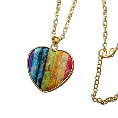 Goldtone Striped Multi Colored Heart Pendant Necklace With Howlit Gemstones