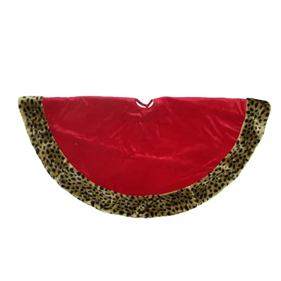 48" Red Velveteen With Cheetah Print Border Christmas Tree Skirt