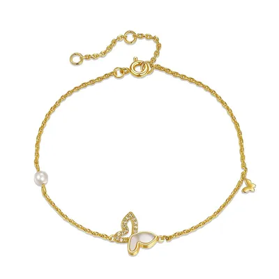 Kids 14k Yellow Gold Plated With Mother Of Pearl & Clear Cubic Zirconia Butterfly Charm Rope Bracelet W/ Adjustable Extension Chain
