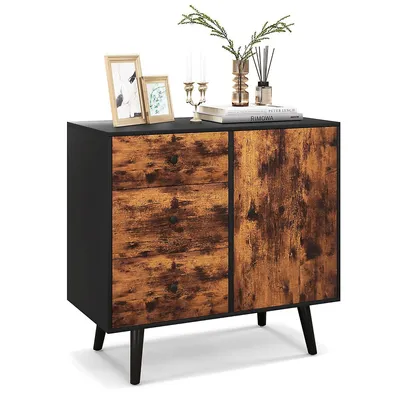 Mid-century Rustic Storage Cabinet Multipurpose Wood Shelf Organizer With 3 Drawers