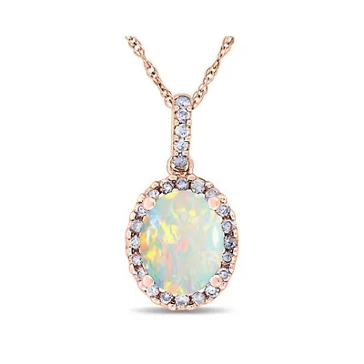 Opal And Halo Diamond Pendant Necklace In 14k Rose Gold 1.34ct