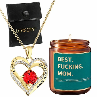 Mothers Day 14k Gold Plated Double Heart Pendant Necklace With Ruby , Cz Stones, Pouch, & Best Mom Candle