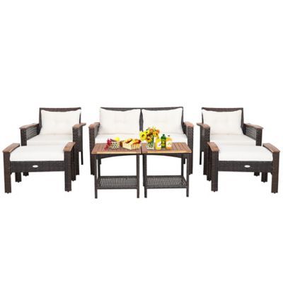 7pcs Patio Rattan Furniture Set Cushioned Loveseat Sofa Ottoman Table